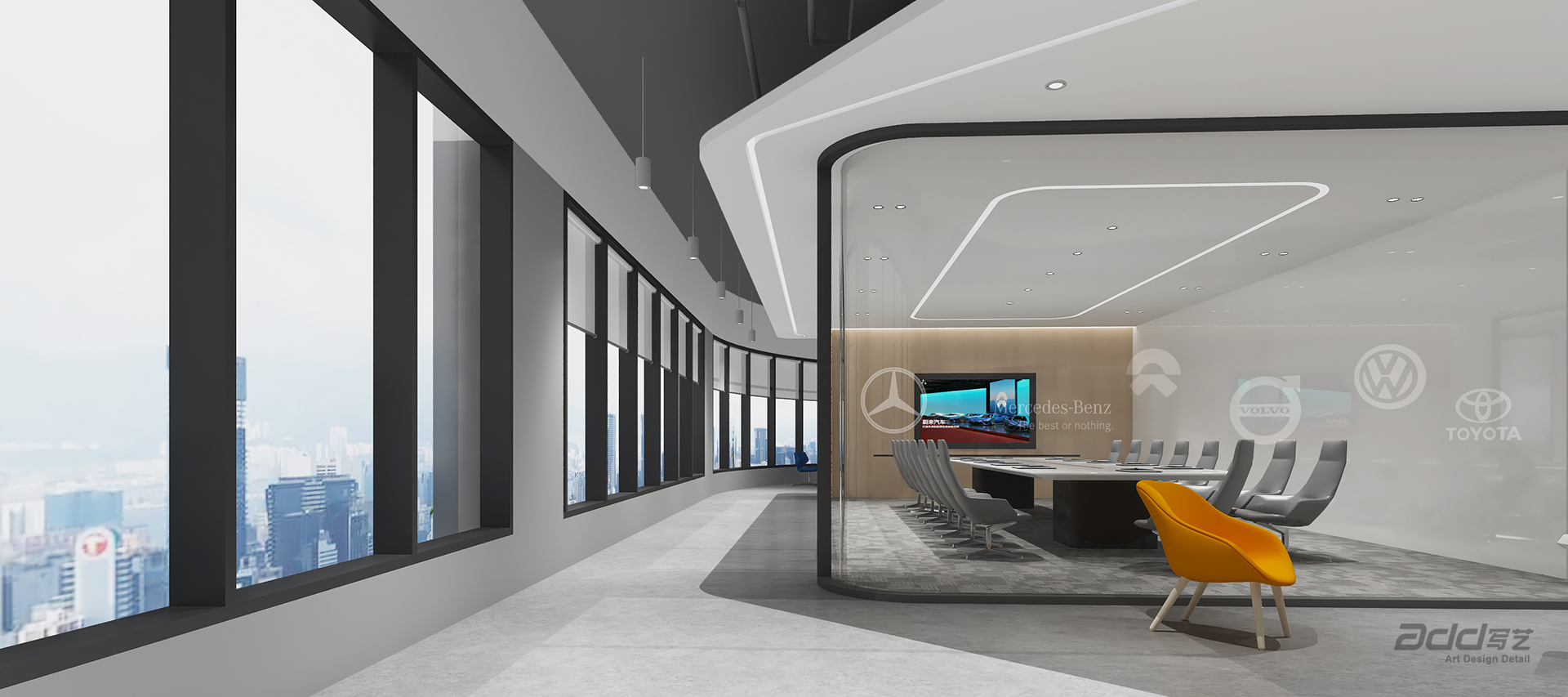 極度智慧辦(bàn)公(gōng)室裝(zhuang)修-玻璃會議室-pc